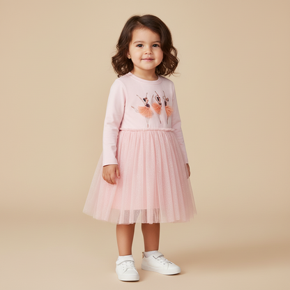 100% Cotton Pink Tulle Dress With Ballerina Applique