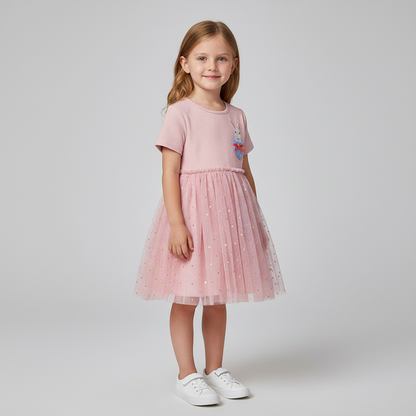 100% Cotton Pink Tulle Dress With Peter Rabbit Patch