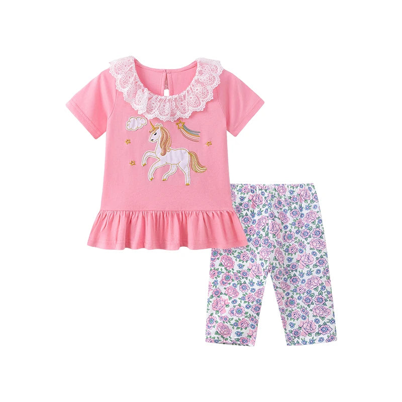 100% Cotton Pink Unicorn Top & Floral Leggings Set
