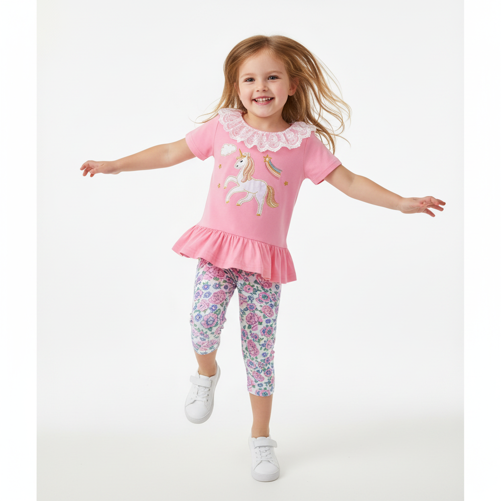 100% Cotton Pink Unicorn Top & Floral Leggings Set