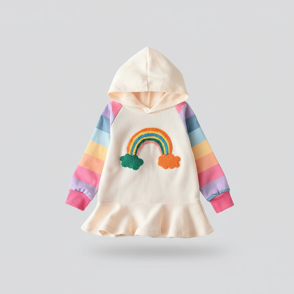 Rainbow Cloud Hooded Dress With Colorful Stripe Sleeves