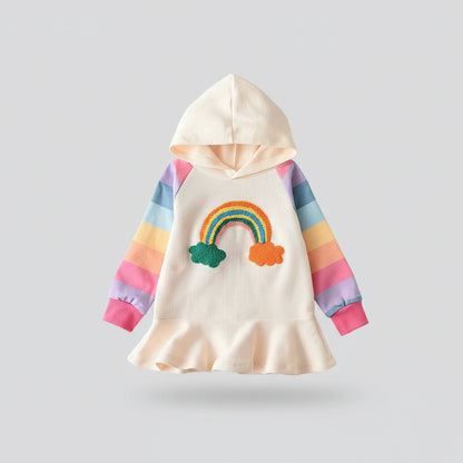 Rainbow Cloud Hooded Dress With Colorful Stripe Sleeves