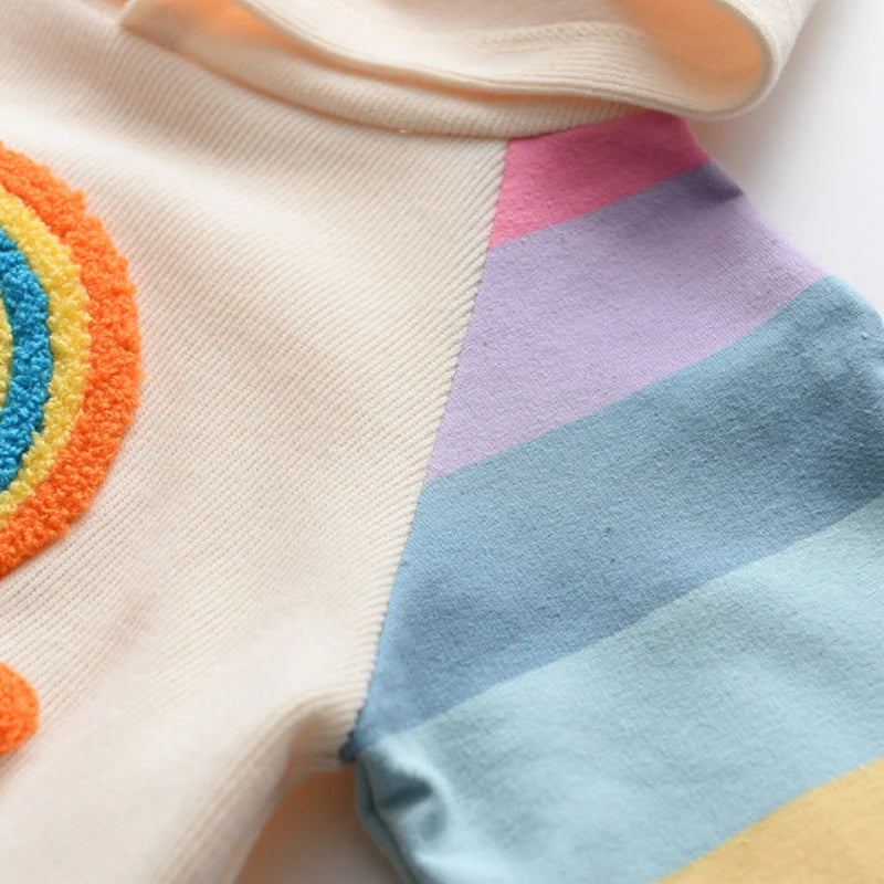 Rainbow Cloud Hooded Dress With Colorful Stripe Sleeves