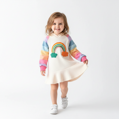 Rainbow Cloud Hooded Dress With Colorful Stripe Sleeves