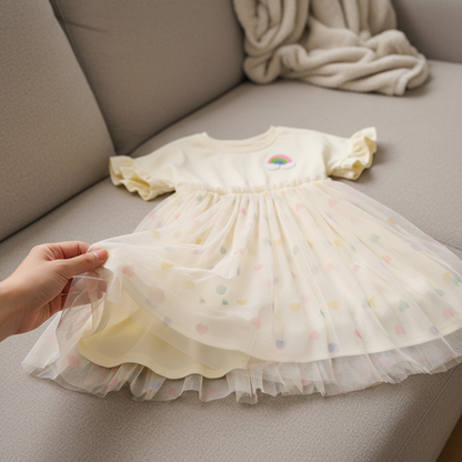 100% Cotton Rainbow Patch Tulle Dress With Heart Pattern