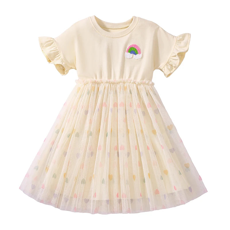 100% Cotton Rainbow Patch Tulle Dress With Heart Pattern