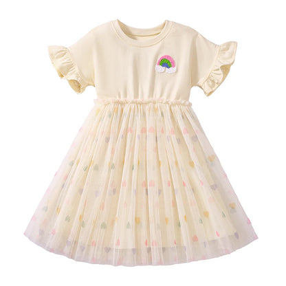 100% Cotton Rainbow Patch Tulle Dress With Heart Pattern