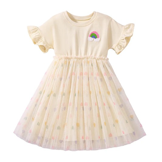 100% Cotton Rainbow Patch Tulle Dress With Heart Pattern