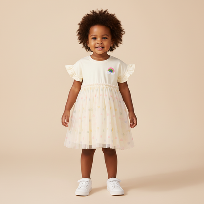 100% Cotton Rainbow Patch Tulle Dress With Heart Pattern