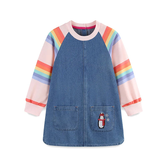 100% Cotton Rainbow Sleeve Denim Dress With Patch Pockets