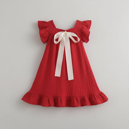 100% Cotton Red Dress With White Bow Ribbon