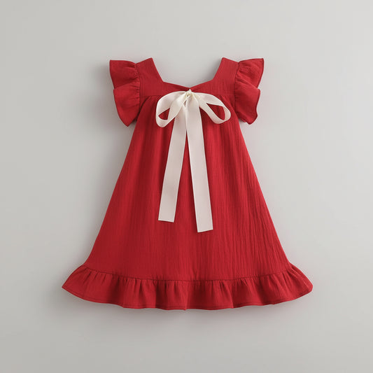 100% Cotton Red Dress With White Bow Ribbon
