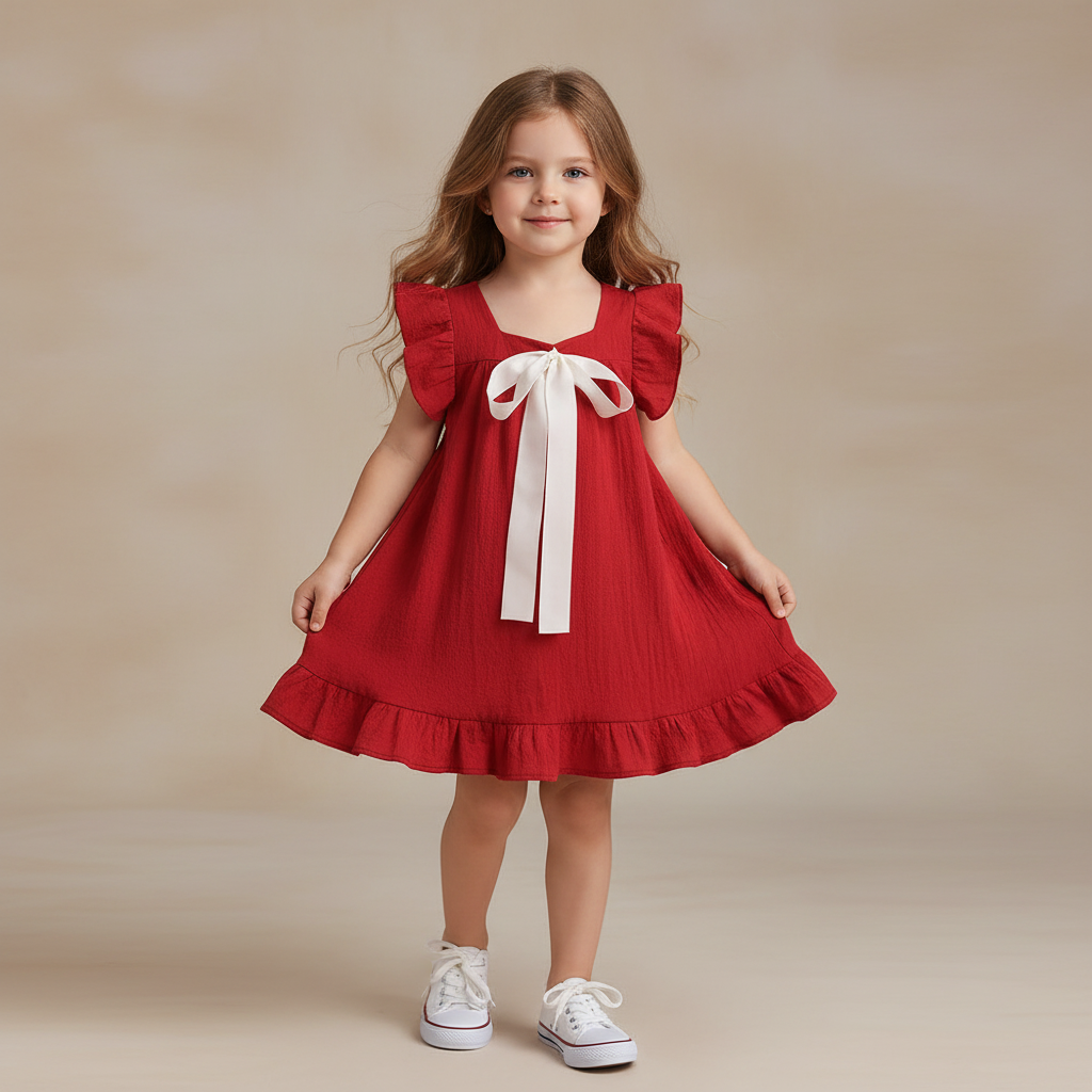 100% Cotton Red Dress With White Bow Ribbon