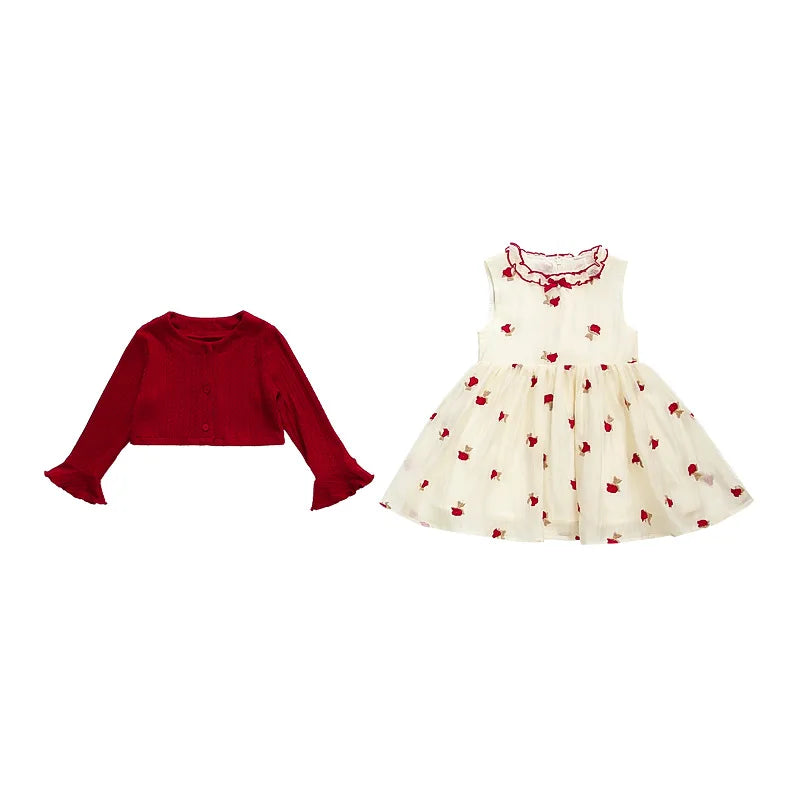 100% Cotton Red Knit Cardigan & Embroidered Rose Dress Set