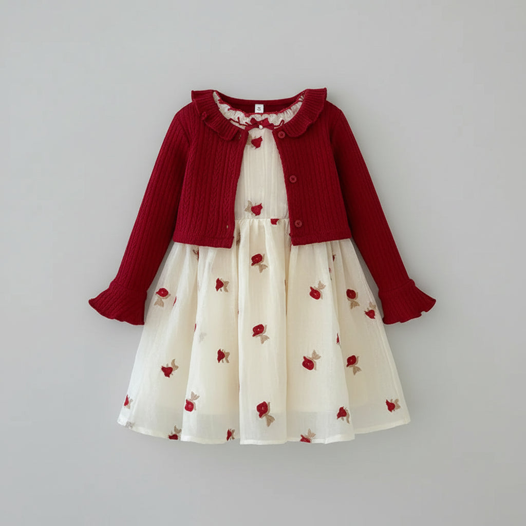 100% Cotton Red Knit Cardigan & Embroidered Rose Dress Set