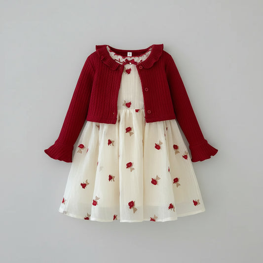 100% Cotton Red Knit Cardigan & Embroidered Rose Dress Set