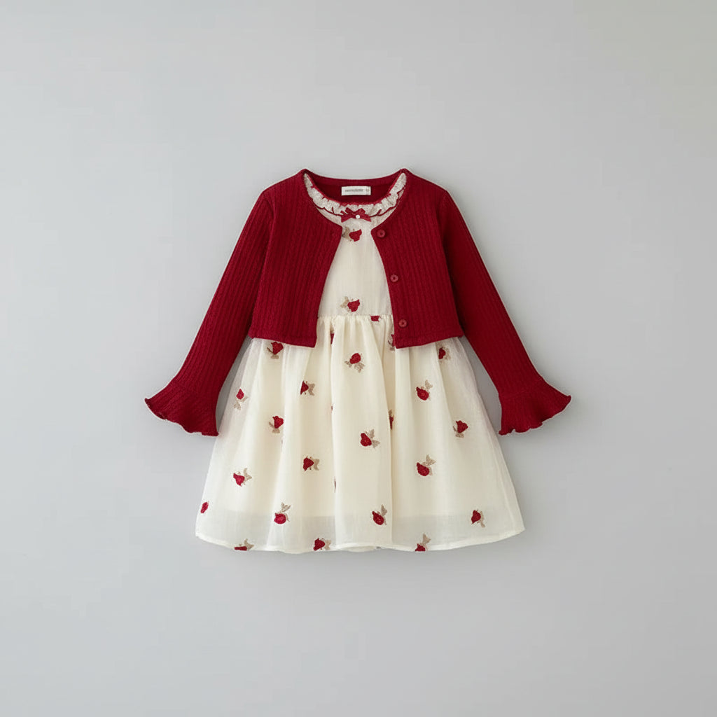 100% Cotton Red Knit Cardigan & Embroidered Rose Dress Set