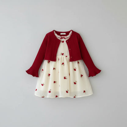 100% Cotton Red Knit Cardigan & Embroidered Rose Dress Set