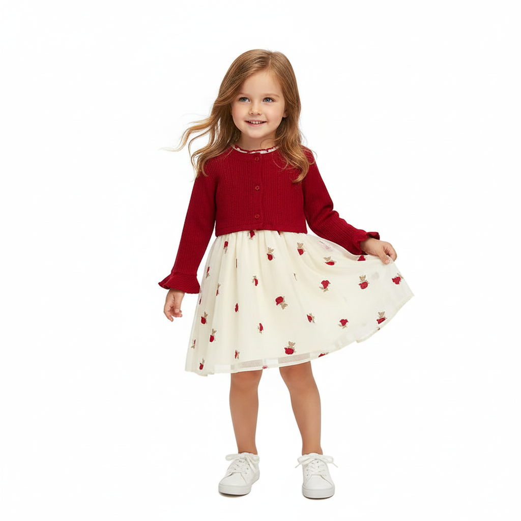 100% Cotton Red Knit Cardigan & Embroidered Rose Dress Set