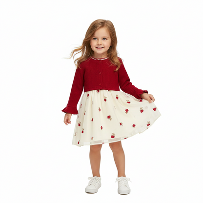 100% Cotton Red Knit Cardigan & Embroidered Rose Dress Set