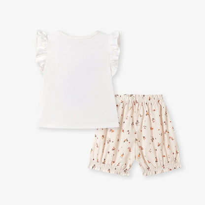 100% Cotton Ruffle Sleeve Top & Floral Print Shorts Set