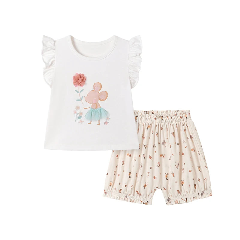 100% Cotton Ruffle Sleeve Top & Floral Print Shorts Set