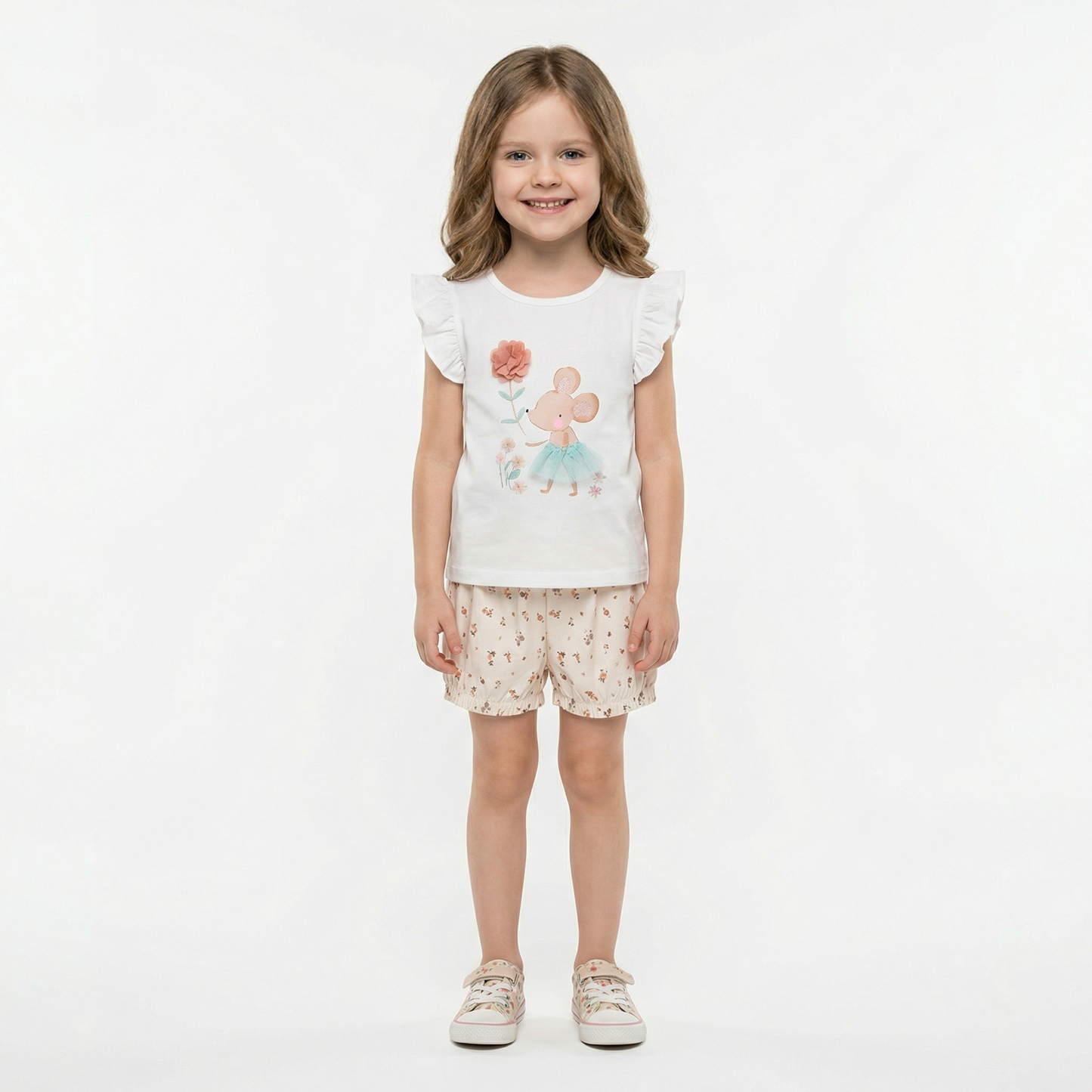 100% Cotton Ruffle Sleeve Top & Floral Print Shorts Set