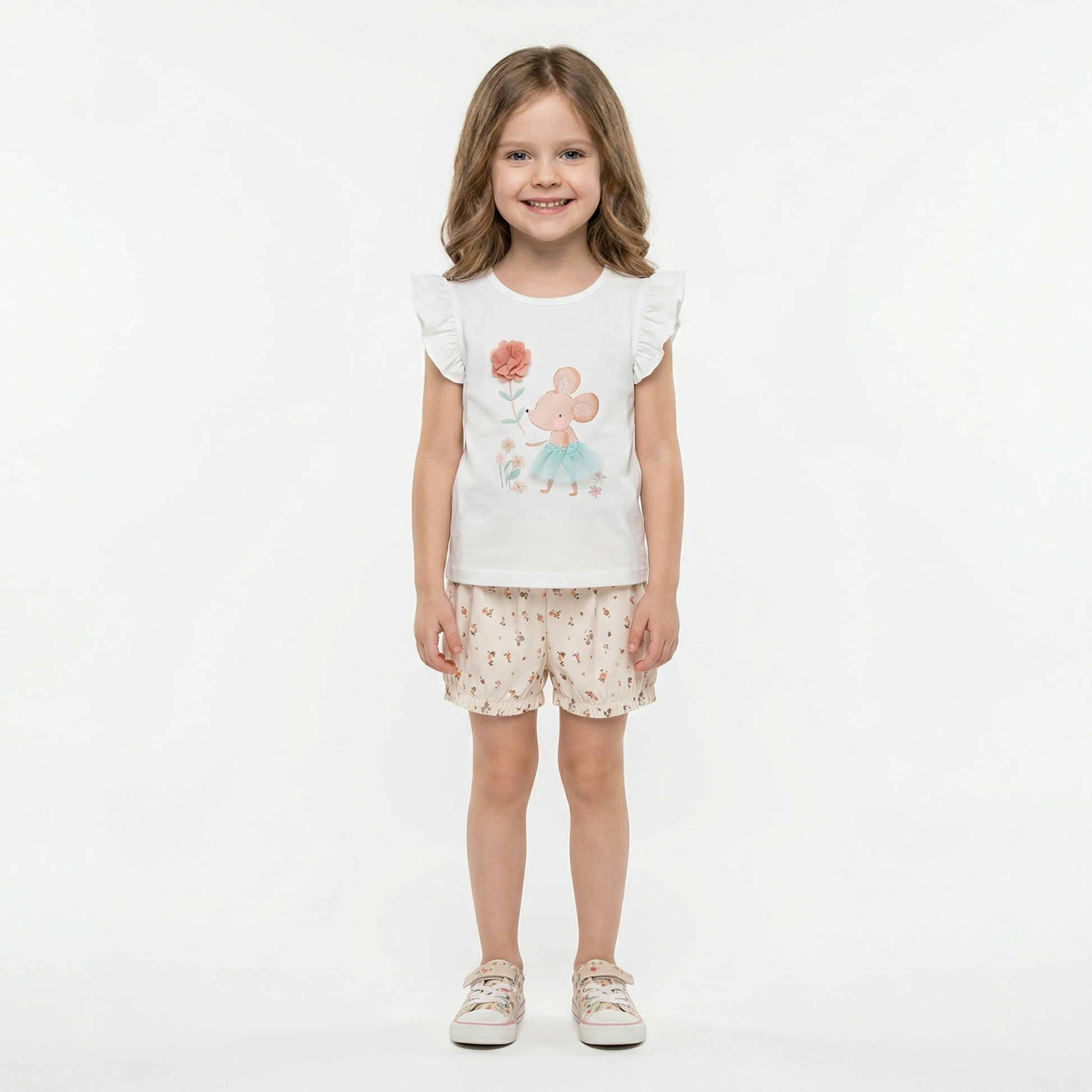 100% Cotton Ruffle Sleeve Top & Floral Print Shorts Set