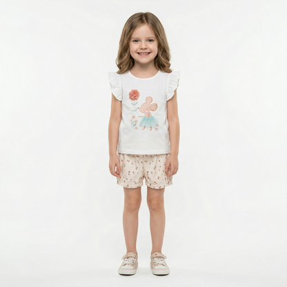 100% Cotton Ruffle Sleeve Top & Floral Print Shorts Set
