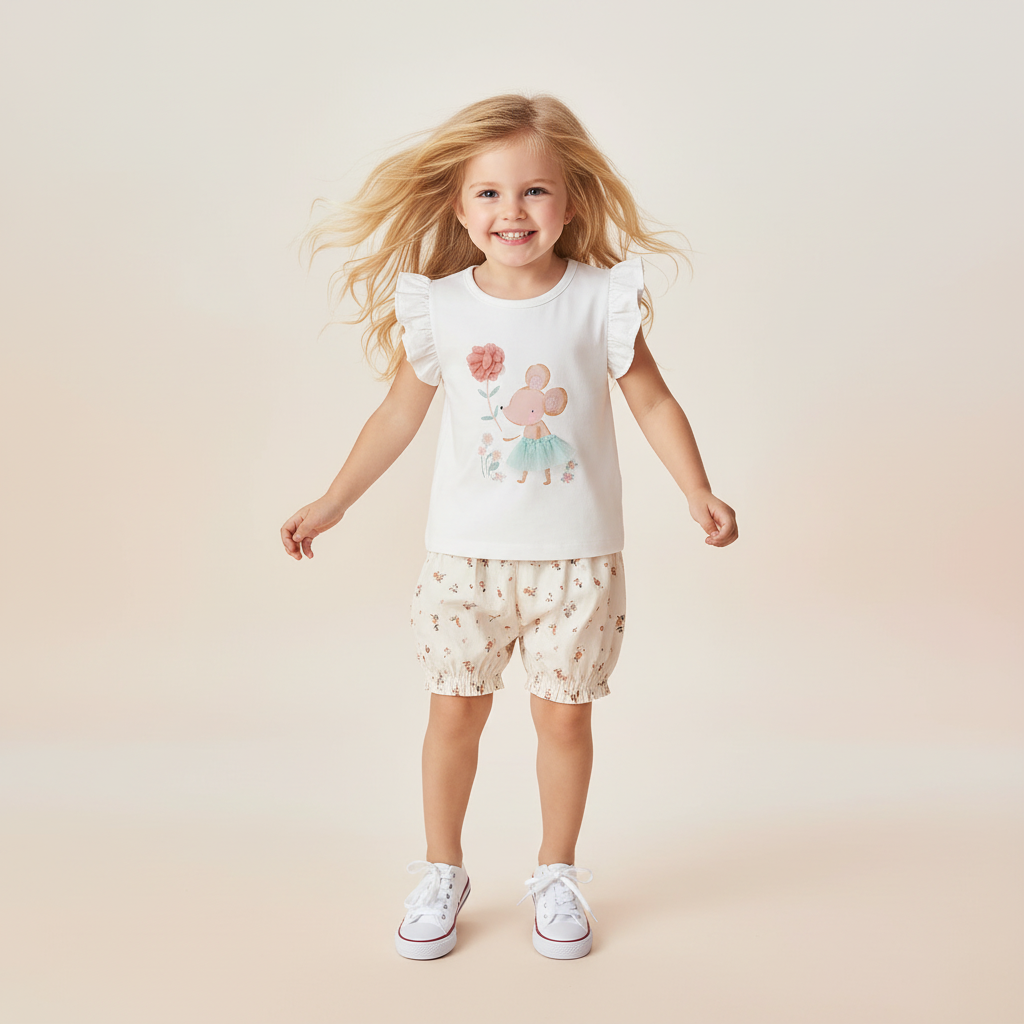 100% Cotton Ruffle Sleeve Top & Floral Print Shorts Set