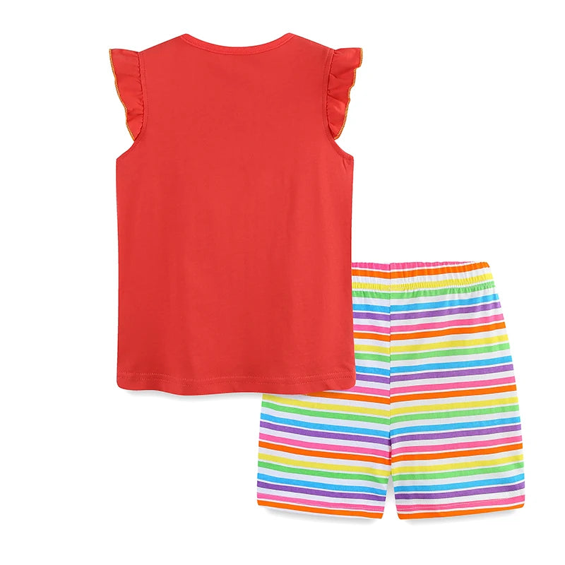 100% Cotton Seahorse Ruffle Sleeve Tank & Rainbow Stripe Shorts Set