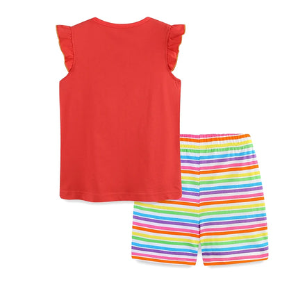100% Cotton Seahorse Ruffle Sleeve Tank & Rainbow Stripe Shorts Set