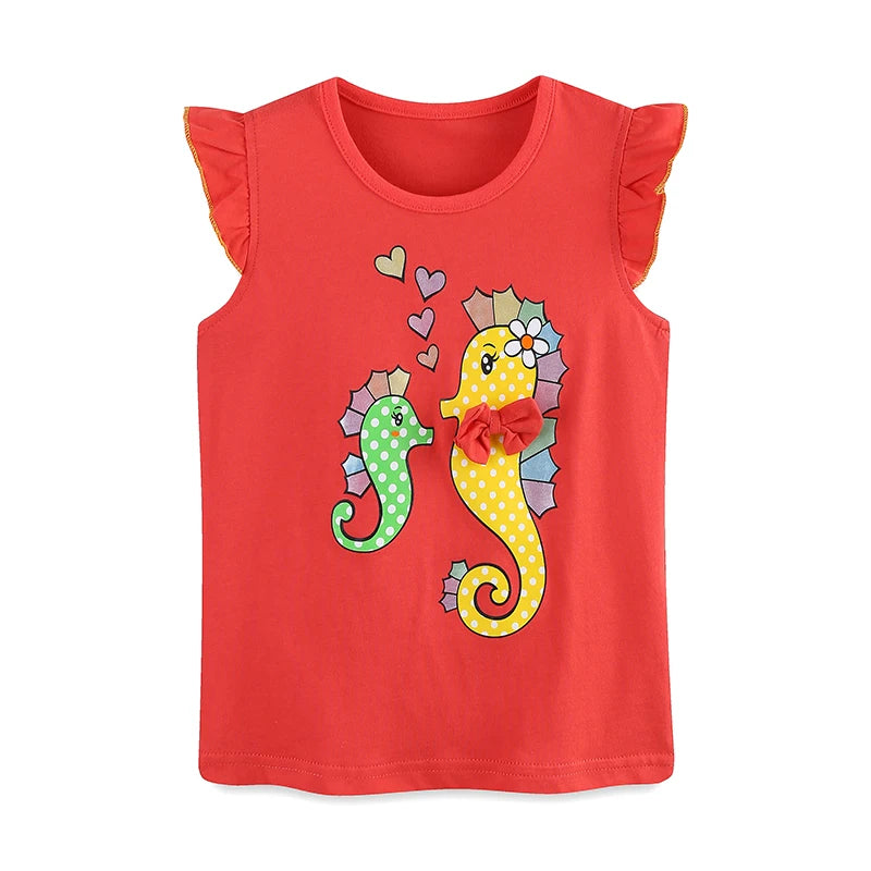 100% Cotton Seahorse Ruffle Sleeve Tank & Rainbow Stripe Shorts Set
