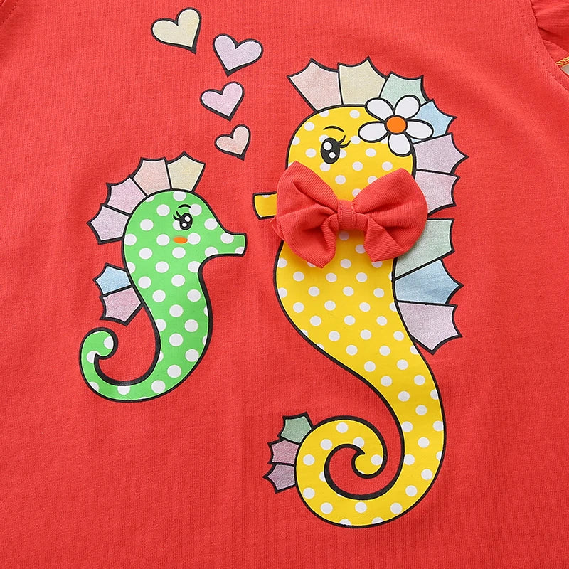 100% Cotton Seahorse Ruffle Sleeve Tank & Rainbow Stripe Shorts Set