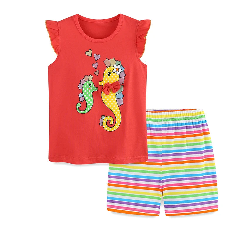 100% Cotton Seahorse Ruffle Sleeve Tank & Rainbow Stripe Shorts Set