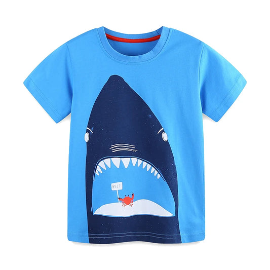 100% Cotton Shark Mouth & Crab Print Blue Short Sleeve Tee
