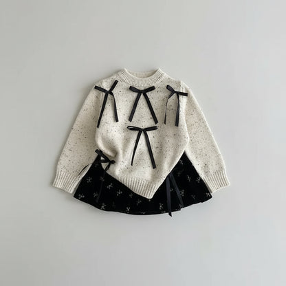 Speckled Knit Sweater With Black Bow & Floral Velvet Skirt Set
