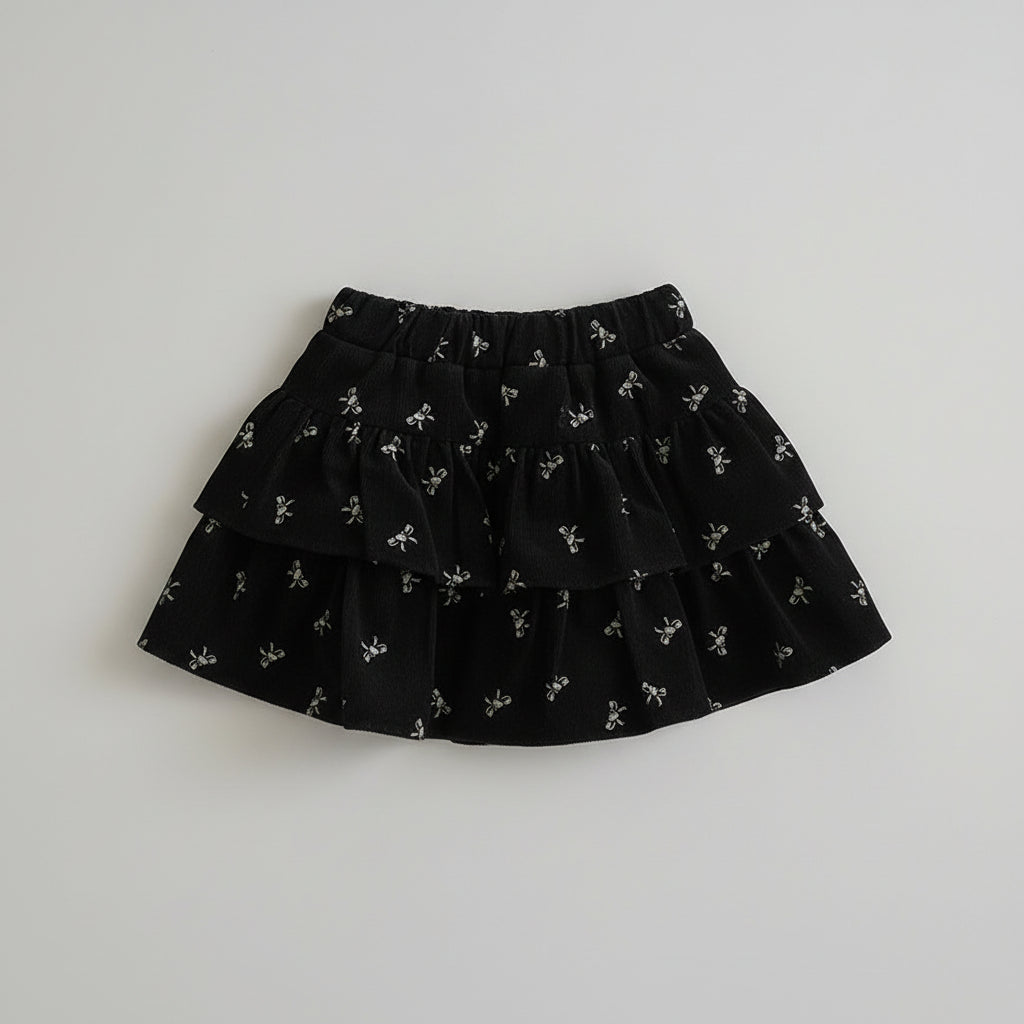 Speckled Knit Sweater With Black Bow & Floral Velvet Skirt Set