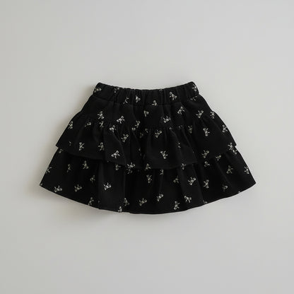 Speckled Knit Sweater With Black Bow & Floral Velvet Skirt Set