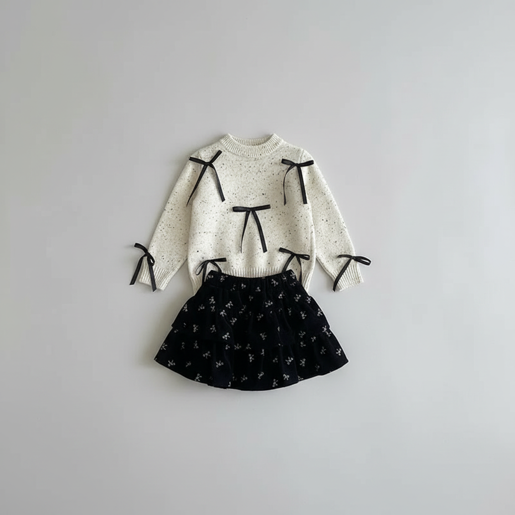 Speckled Knit Sweater With Black Bow & Floral Velvet Skirt Set