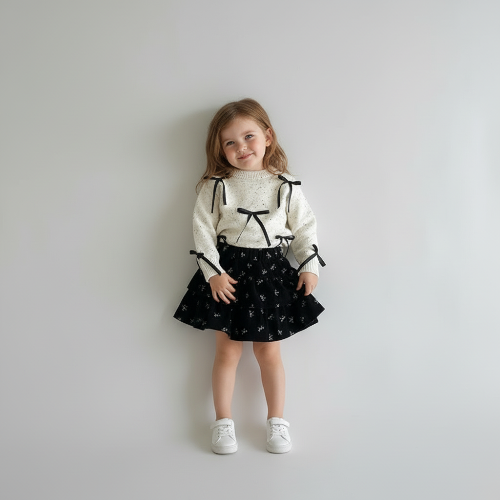 Speckled Knit Sweater With Black Bow & Floral Velvet Skirt Set