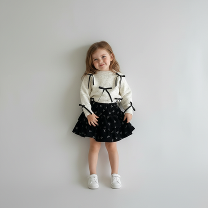 Speckled Knit Sweater With Black Bow & Floral Velvet Skirt Set