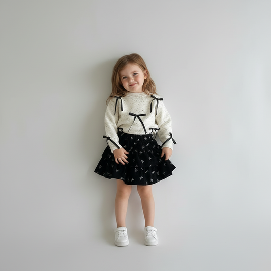 Speckled Knit Sweater With Black Bow & Floral Velvet Skirt Set