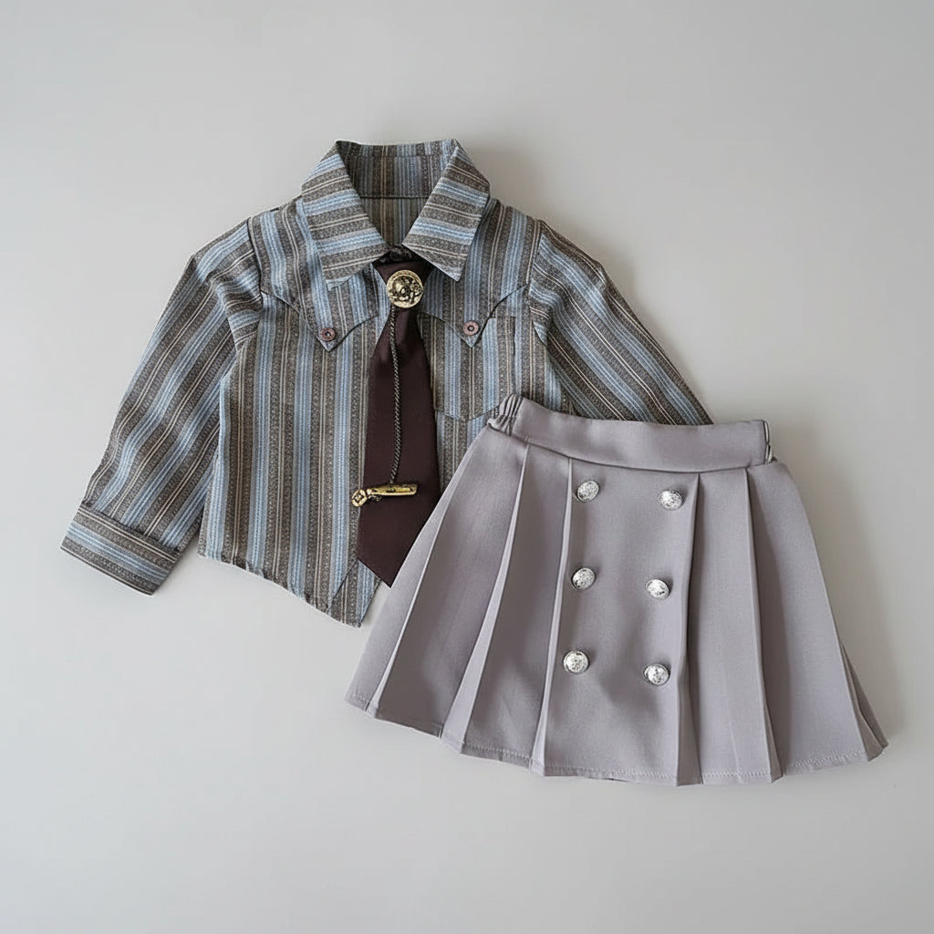 Striped Shirt & Pleated Skirt Set With Tie