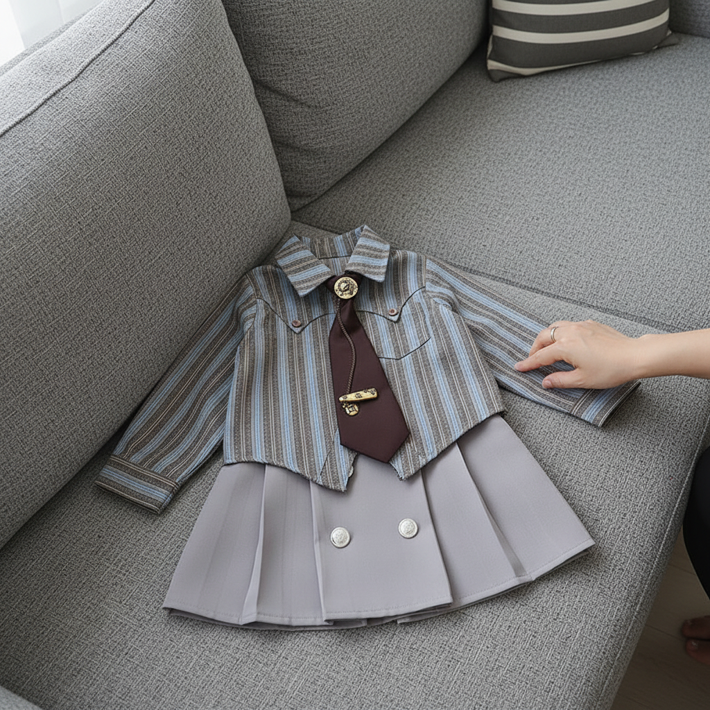 Striped Shirt & Pleated Skirt Set With Tie