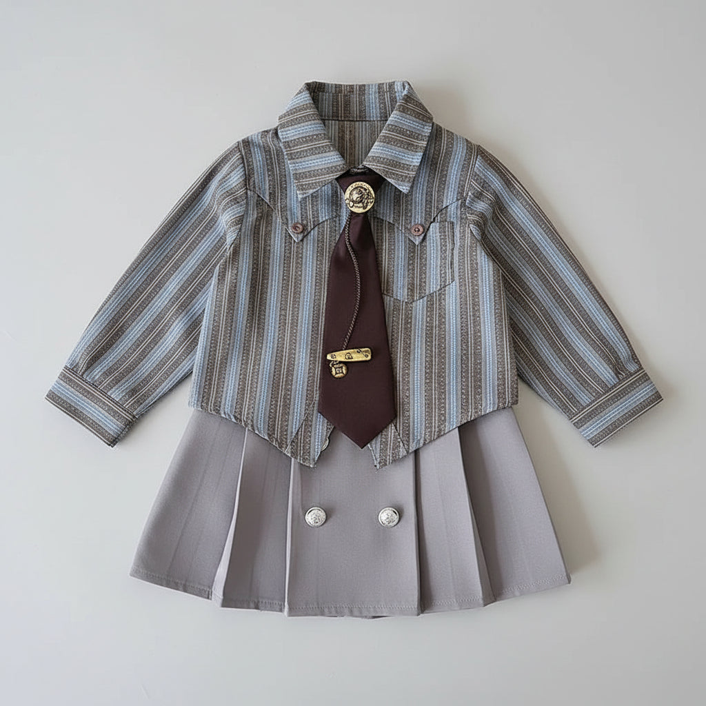 Striped Shirt & Pleated Skirt Set With Tie