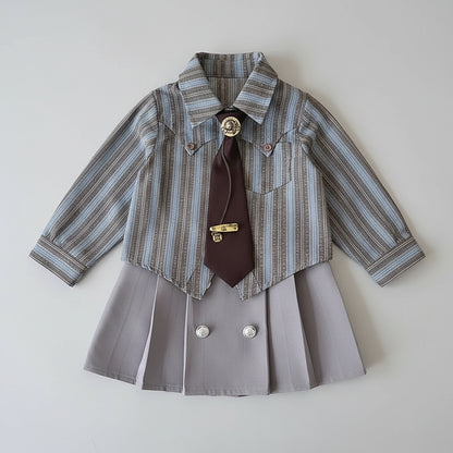 Striped Shirt & Pleated Skirt Set With Tie
