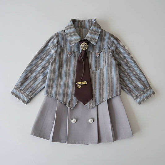 Striped Shirt & Pleated Skirt Set With Tie