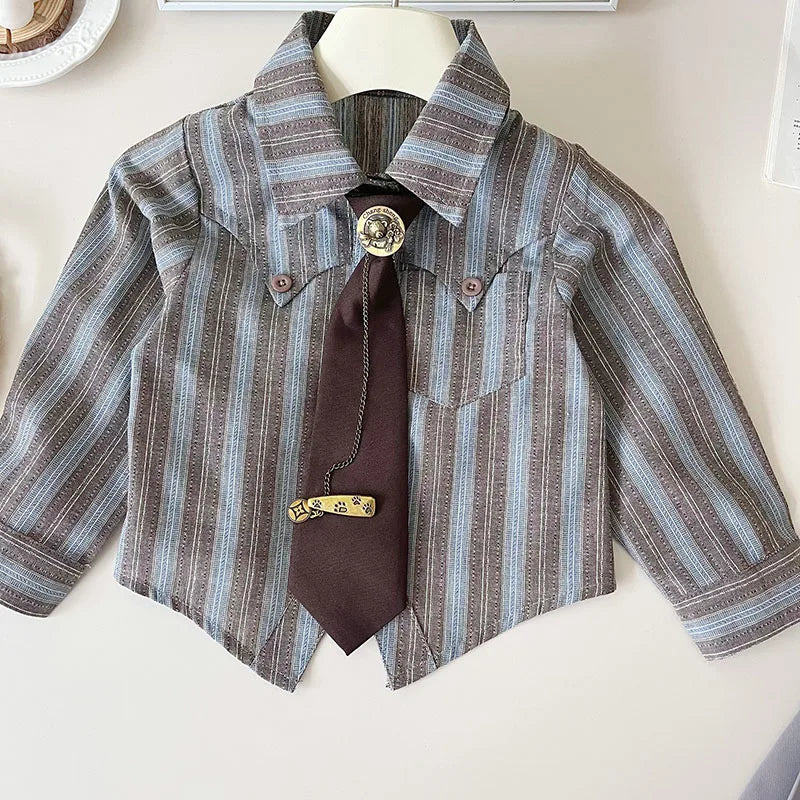 Striped Shirt & Pleated Skirt Set With Tie