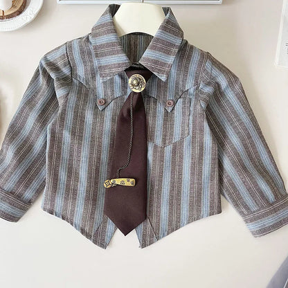 Striped Shirt & Pleated Skirt Set With Tie